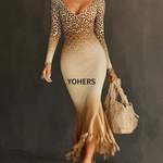 Light Brown Leopard Print Ombre Knit Fringed Hem Maxi Dress