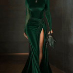 24-Hour-Shipping Emerald Green Velvet Mesh Sleeve High Slit Maxi Dress