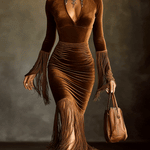 24-Hour-Shipping Brown Velvet Turtleneck Cutout Fringe Long Sleeve Bodycon Dress