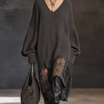 24-Hour-Shipping Charcoal Gray V-Neck Knit Mesh Long Sleeve Midi Dress