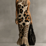 24-Hour-Shipping Brown Irregular Leopard Print Knitted Tassel Sleeveless Maxi Dress