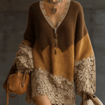 24-Hour-Shipping Brown Ombre Knit Lace Oversized Long Sleeve Mini Dress
