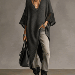 24-Hour-Shipping Gray Asymmetric Hem Loose Knit Dress With Crochet Mid Sleeves