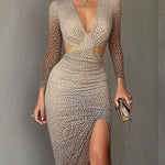 Brown Gradient Leopard Print Twisted Cutout Fringe Bodycon Dress