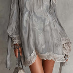 Light Gray Paisley Print Chiffon One Shoulder Lace Trim Mini Dress