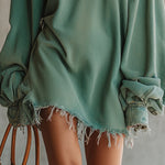 24-Hour-Shipping Green Denim Oversized Pocket Frayed Hem Mini Dress