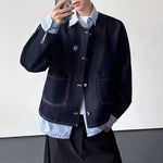 Striped Patchwork Shirt Collar Faux Two-piece Jacket