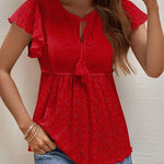 Zeagoo Eyelet Tie-Neck Flutter-Sleeve Top Solid Color Casual Blouse for Women Casual Work Office Loose Fit 2026 | Under $40