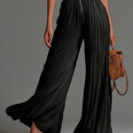 Black V-neck Sleeveless Zip-up Pleated Wide-leg Chiffon Jumpsuit