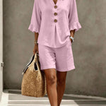 Button-down V-neck Ruffled Top And Shorts Set