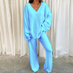 Comfortable Solid Color V-neck Daily  Two-piece Set