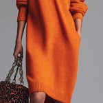 Orange Lapel Button-Front Knit Midi Dress