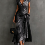 Red Black Abstract Print Wrap Midi Dress Collared V Neck Short Sleeve Tie Waist Ruffled High‑Low Hem Dress
