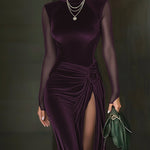 24-Hour-Shipping Emerald Green Velvet Mesh Sleeve High Slit Maxi Dress