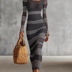 24-Hour-Shipping Gray And White Knit Bodycon Dress With Leopard Stripe Detailing