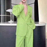 Collarless Casual Tie-up Suit Jacket and Slim-fit Trousers Two-piece Set