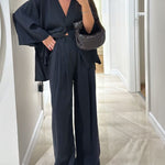Casual V-Neck Top & Pants Two-Piece Set