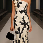 24-Hour-Shipping Off Shoulder Biege Midi Bodycon Dress With Black Elegant Print