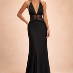 Phoebe Stafford | Halter Neck Satin Maxi Dress with Lace Waist Panel For Women