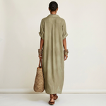 Kamira | Robe Chemise Maxi à Manches Courtes avec Col Contrasté et Boutonnage Frontal