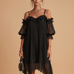 Lidia | Off-the-Shoulder Black Chiffon Mini Dress with Lace Trim