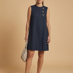 Lucila | Women's Short Dress, Minimalist Professional Style, Navy Blue, with Round Neck, Asymmetrical Buttons, Side Pocket, Sleeveless