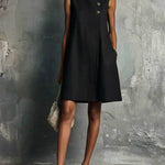 Lucila | Women's Short Dress, Minimalist Professional Style, Navy Blue, with Round Neck, Asymmetrical Buttons, Side Pocket, Sleeveless