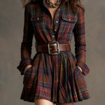 Vintage Lapel Red and Brown Plaid Mini Dress（Includes belt）
