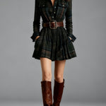 Vintage Lapel Red and Brown Plaid Mini Dress（Includes belt）