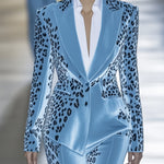 Sky Blue Velvet Leopard Print Blazer And Pants Suit