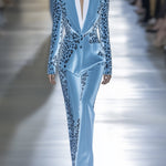 Sky Blue Velvet Leopard Print Blazer And Pants Suit