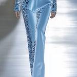 Sky Blue Velvet Leopard Print Blazer And Pants Suit