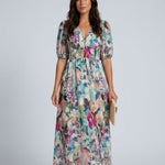 Phoebe Harrison | V-Neck Puff Sleeve Pleated Midi Dress For Women