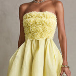 Yellow Strapless Floral Applique Midi Dress