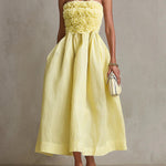 Yellow Strapless Floral Applique Midi Dress