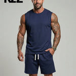 KZZ Men's Solid-Color Ribbed Sleeveless Vest and Shorts Two-Piece Set
