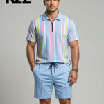 KZZ Men's Colorblock Striped Print Short Sleeve Shirt & Shorts Two-Piece Set