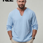 KZZ Men's V Neck Linen Shirt Casual Loose Fit Long Sleeve Top