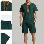 KZZ Men's Solid-Color Short-Sleeve Lace-Up Shirt and Shorts