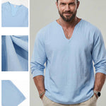 KZZ Men's V Neck Linen Shirt Casual Loose Fit Long Sleeve Top