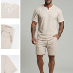 KZZ Men's Business Casual Sport Solid Color V-Neck Short Sleeve Shorts Set