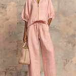 Casual Loose Solid Color Zipper Round Neck Wide-Leg Pants Set