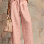 Casual Loose Solid Color Zipper Round Neck Wide-Leg Pants Set