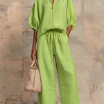 Casual Loose Solid Color Zipper Round Neck Wide-Leg Pants Set