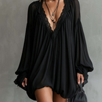 Black Chiffon Halter Mini Dress With Lace Neckline