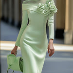 24-Hour-Shipping Light Green Midi Pencil Dress With Mesh And 3D Flower Decoration