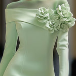 24-Hour-Shipping Light Green Midi Pencil Dress With Mesh And 3D Flower Decoration