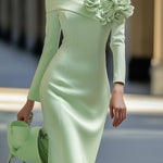 24-Hour-Shipping Light Green Midi Pencil Dress With Mesh And 3D Flower Decoration