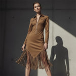 Women's Zip Front Fringe Midi Dress
