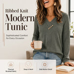 Women's Ribbed V-Neck Button Detail Top